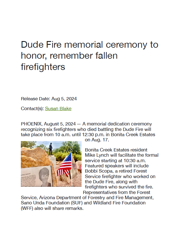 US Forest Service Press Release about Dude Monument and Sano Unda Foundation
